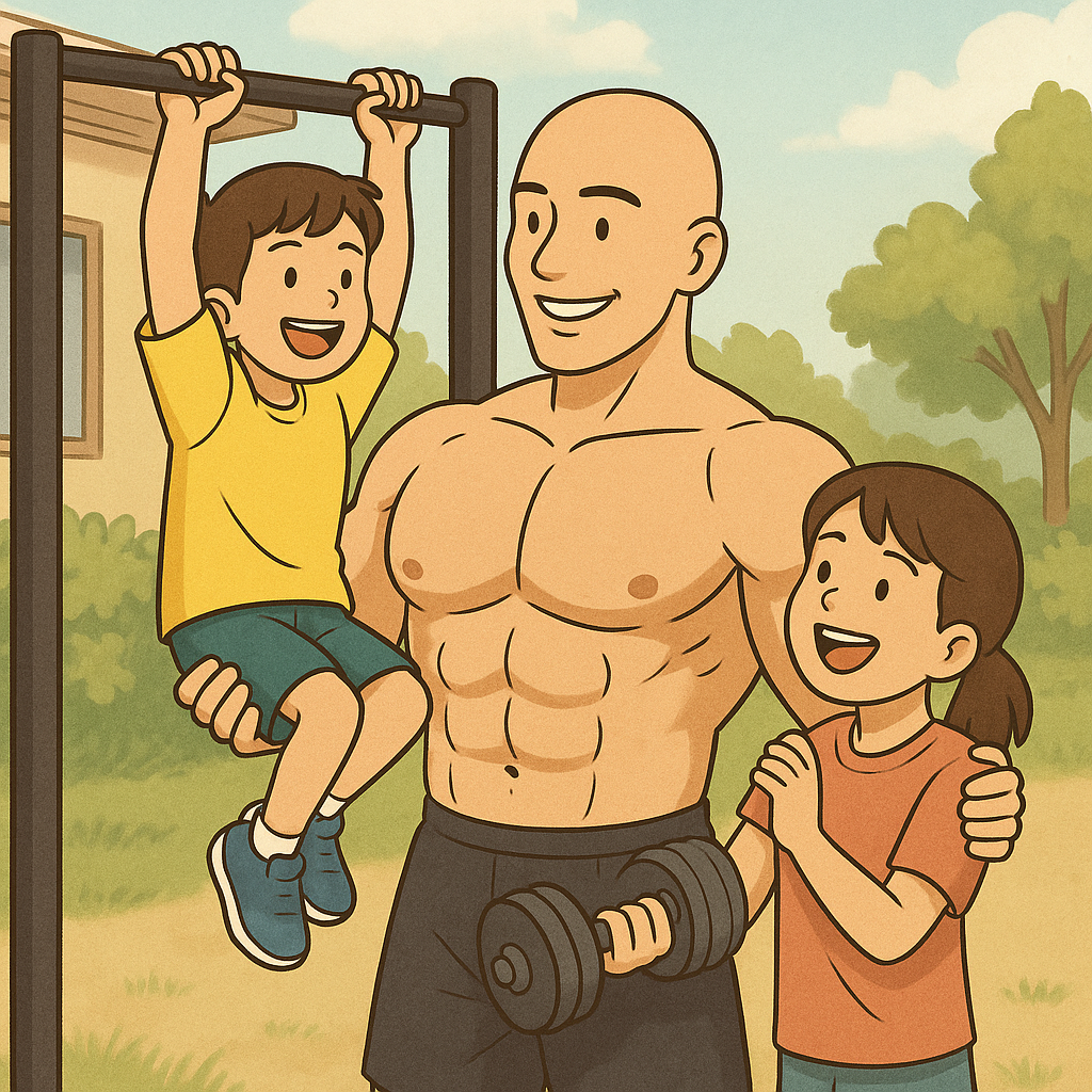 スキンヘッドのパパが子どもと笑顔で向き合うイラスト。自信を持って筋トレを続ける父親を描いている。