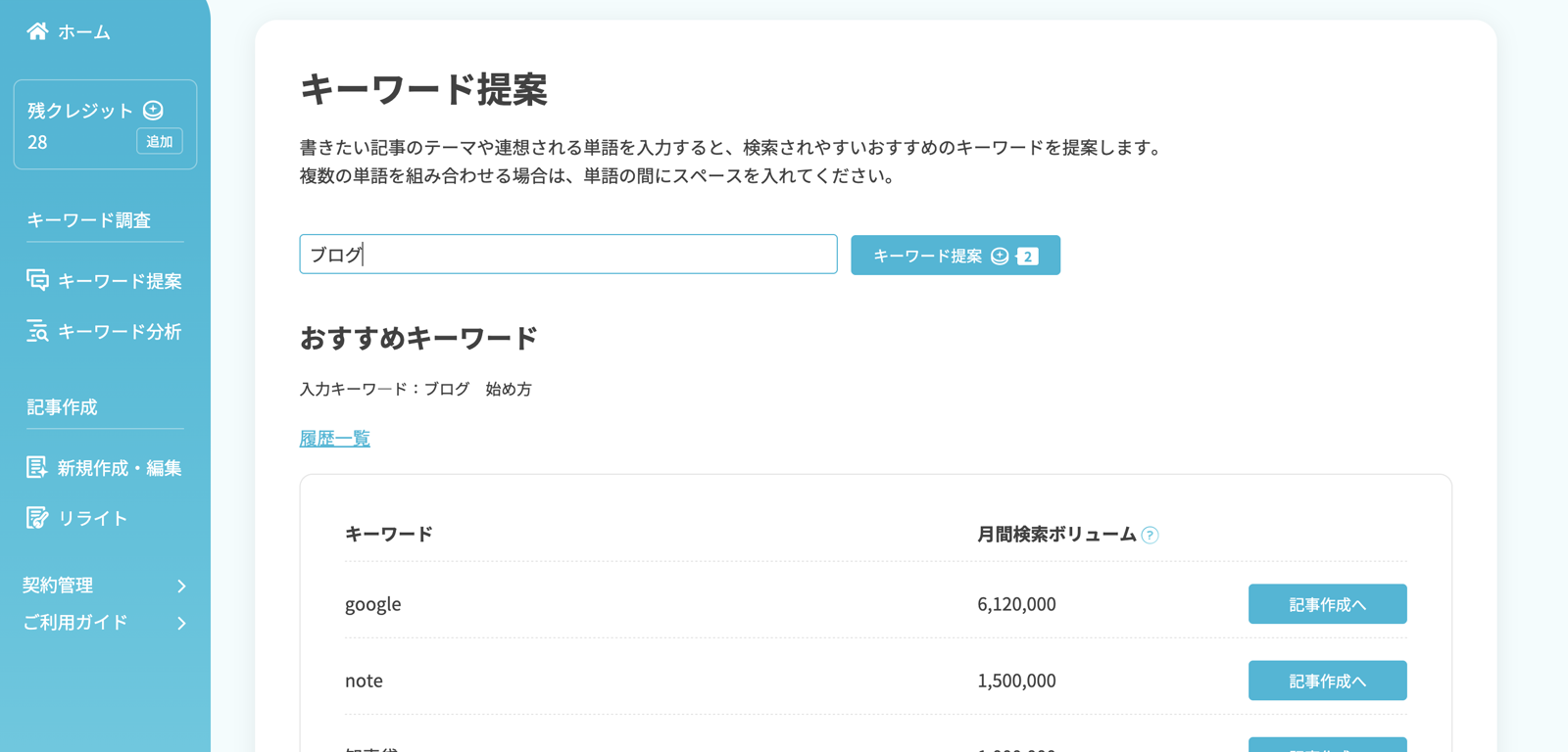 ConoHa Pencilのキーワード提案結果。月間検索ボリュームが表示される