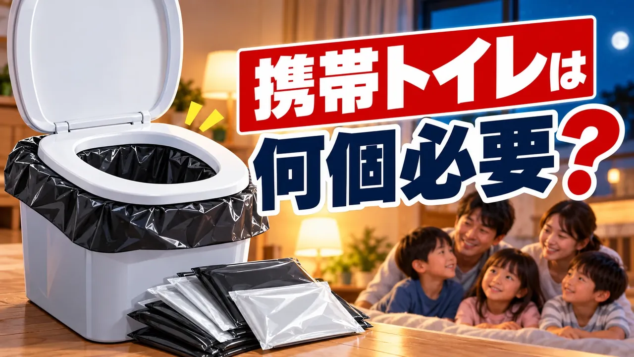 携帯トイレは何個必要？断水に備える携帯トイレと家族のイラスト